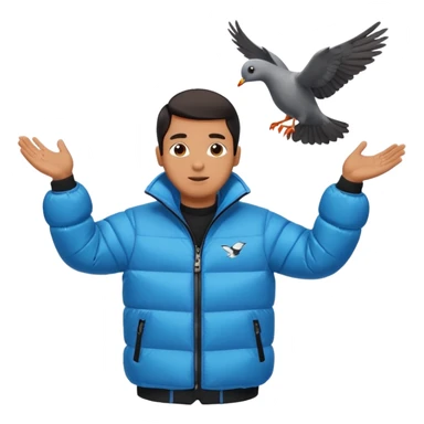 puffer shiny black jacket man open arms looking at a flying pigeon sticker