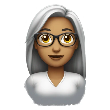 Uma mulher com cabelo claro ,usando óculos de grau com armação preta com um colar de contas com uma pena  sticker