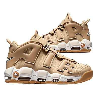 Minimalist pair of beige Nike Air More Uptempo sneakers side by side, clean simple design with AIR lettering on sides sticker