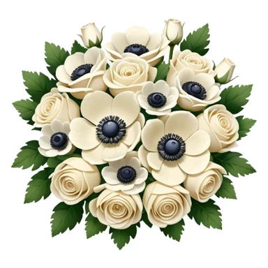 Cream and white bridal bouquet with white roses and anemone flowers, realistic sticker
