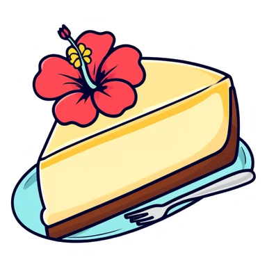 A piece of cheesecake with a hibiscus flower on top sticker