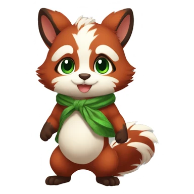 Cute, Chibi, chubby, fluffy, Kemono-style, Anthro, Fur-Sona, Dark-Red, Squirrel-RedPanda-hybrid-Fakémon, with a green bandana, full body sticker