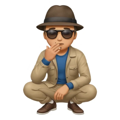 A man squatting down and holdig his hand flat a bit above the ground, like your pettig the air and while holding his finger to his mouth sticker