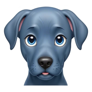 Cinematic Cute Blue Great Dane Portrait Emoji, Head tilted playfully and inquisitively, featuring a glossy blue Fur with a refined sheen, round, sparkling steel-blue eyes filled with curiosity, Simplified yet irresistibly adorable features, highly detailed, glowing with a warm, friendly glow, high shine, affectionate and gentle, stylized with a touch of whimsy, bright and endearing, soft glowing outline, capturing the essence of a mischievous yet loving pup, so playful it feels like it could lumber out of the screen and into your arms! sticker