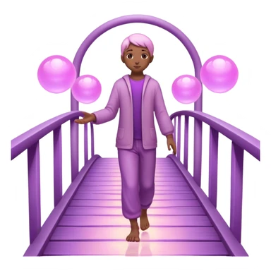 A small figure walks across a glowing bridge, holding soft pink and purple orbs in each hand—symbolizing compassion and forgiveness. A gentle heart aura trails behind them, showing healing in motion. sticker