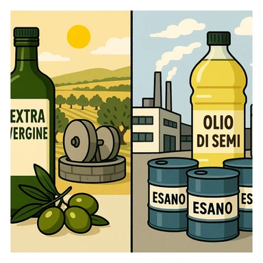 comparison image: left side with a green 'Extra Vergine' bottle, olives, olive mill, sunny fields; right side with a 'Olio di semi' bottle, factory, chemical barrels labeled 'Esano'; simple, communicative illustrative style sticker
