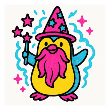 a stylized penguin wizard with a long beard, magical aura, and starry hat, in a bold, graphic pop colors style sticker
