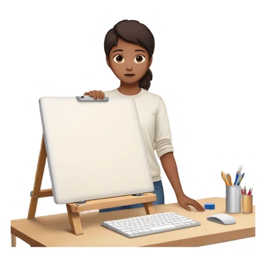A person is **standing up from their desk**, a determined look on their face. In front of them is a **blank canvas, an open laptop, or a workbench**—a symbol of **taking action**. Their **future self**, glowing with confidence, is **guiding their hands as they type, paint, build, or create something sticker