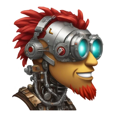 cyborg head with red Mohawk, red beard. silver steampunk monocle goggles a smile and circuits sticker