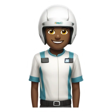 smiling boy in white shirt in a racing helmet sticker