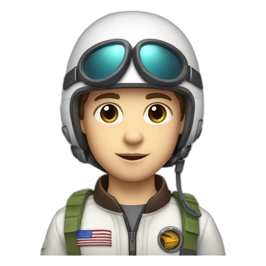 A white young boy with dark brown eyes and dark brown hair and a airplane pilot suit and a radio helmet sticker