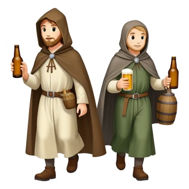medieval pilgrims walking on a journey path with cloaks and beer bottles sticker