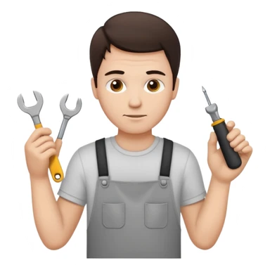 make a white guy with dark brown hair, with a simple white o grey shirt, repairing an iphone, un tecnico sticker