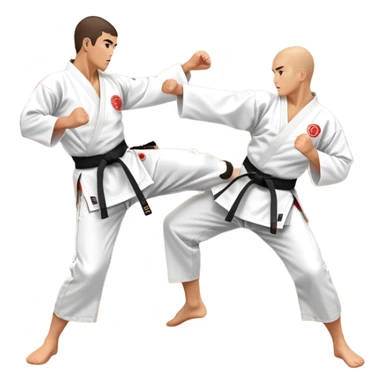 Two karate fighters in traditional gi sparring. One executes a high kick aimed at the opponent’s head, while the other blocks with a strong hand defense. The background features a classic dojo with wooden flooring and banners. Dynamic motion and focused expressions. Transparent background. sticker