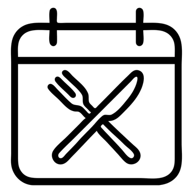 minimalistic bold black-and-white icon, square, flat, no gradients, calendar outline with a fork and knife crossed inside, modern geometric lines, inspired by Netflix and Lifesum, no background, vector style, suitable for dark and light mode sticker