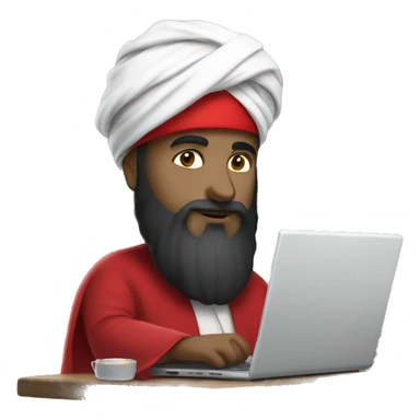 A caliph with turban and red clothes writing in a laptop sticker