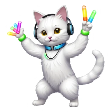 cat dancing with headphones, glow sticks, college party atmosphere sticker
