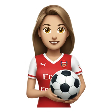 Pretty white woman with medium brown hair holding a soccer ball and wearing an Arsenal jersey sticker