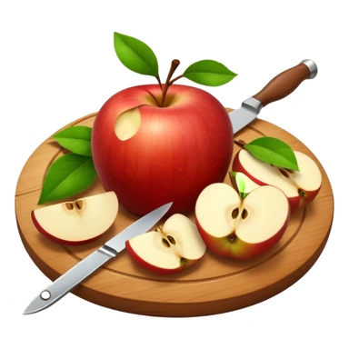 A round wooden board with a whole apple and several slices on it and knife with leaves, with a soft glow sticker