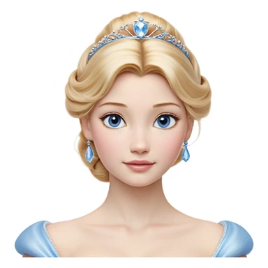 Cinematic Realistic Cinderella Portrait, depicted with lifelike skin texture, subtle rosy undertones, and soft natural lighting that enhances the gentle contours of her face. Her intricately detailed golden blonde hair is elegantly styled in an updo, with delicate wisps framing her face for added realism. Her deep, expressive blue eyes radiate warmth and sincerity, reflecting a quiet resilience and grace. She is dressed in her iconic ball gown, the fabric shimmering with intricate embroidery and fine translucent layers that catch the light beautifully. The soft sheen of satin gloves and the delicate sparkle of a glass-like slipper peeking from beneath her dress add a touch of magical realism. The portrait features an enchanting glow with a natural, luminous finish, seamlessly blending realism and fairytale charm to evoke a sense of depth, elegance, and timeless beauty. sticker