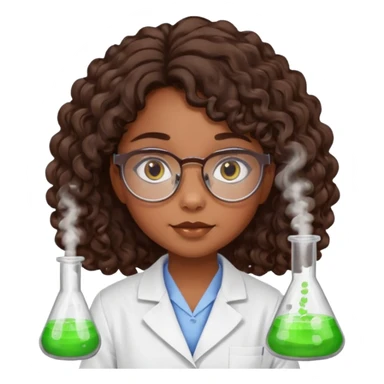 bratz doll with long loose curly dark brown hair, glasses that are round cat eye vibes, in a lab coat mixing beakers that glow shes a 4th grade girl sticker
