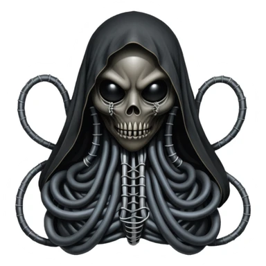 organic black wires merging into a monstrous occult creature, draped in black rags and bondage, Giger-esque sticker