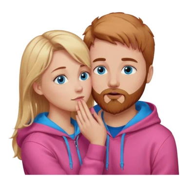 Pretty-long blonde hair blue eyed-girl,wearing a pink hoodie, facing a reddish brownish hair and beard-blue eyed-white man whose holding her face kissing  sticker