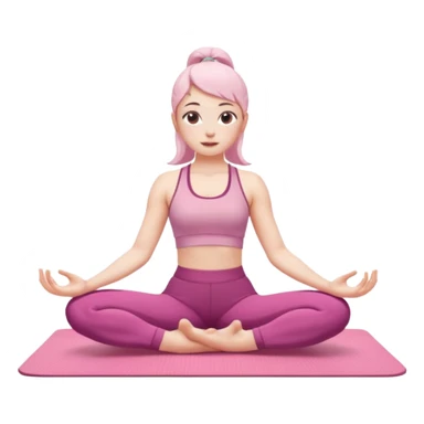 a pretty 20-year-old woman with white skin doing a different stretching pose on a pink yoga mat, iPhone memoji style sticker