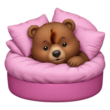 A cute brown bear in a pink bed, tucked in and looking forward, trying to fall asleep. sticker