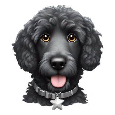 fully black aussie doodle with gray eyebrows and a silver star tag on his collar sticker
