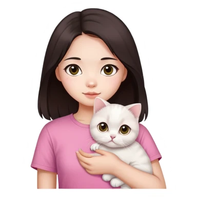 This Chinese girl's got fair skin and big black eyes. She's got long dark brown hair and she's wearing a pink t-shirt. She's holding a white Scottish Fold cat. sticker