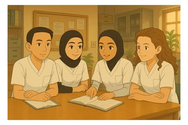 Depict the four nursing students from the provided photos, discussing and collaborating in a care station, Ghibli style. White uniforms, V-neck tunics, left chest pocket, short sleeves, no classic collar, no stethoscopes, nothing protruding from the sleeves. Team atmosphere. sticker