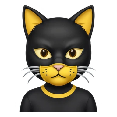 a black cat with yellow mask and shirt, half upon
 sticker
