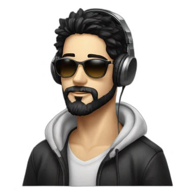 A stylish boy wearing headphones and sun glasses and in background music waves black hair black beard new trending look white skin colour sticker