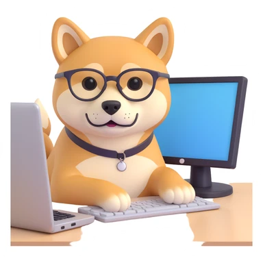 shiba inu with eye glasses and computer sticker