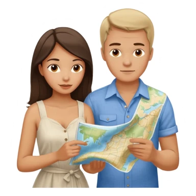 Russian man and elegant fair-skinned Latina girl in costal outfits with a map planning  sticker