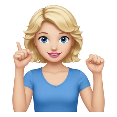 Girl Blonde short wavy hair,  blue eyes, cute blue top, long lashes, pink lips, smiling, fist bump sticker