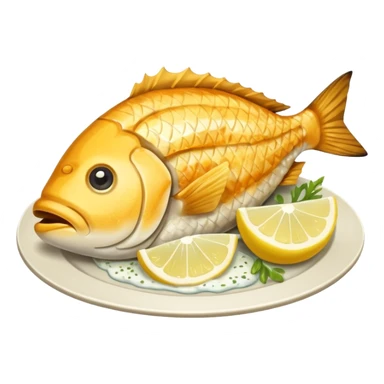 Create a realistic fried fish piece served with sauce & garnish. sticker