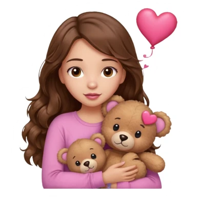 girl with long wavy brown hair, brown eyes, light to medium complexion, in a pink shirt, pink lips, long lashes, hugging squeezing  a teddy bear with hearts sticker