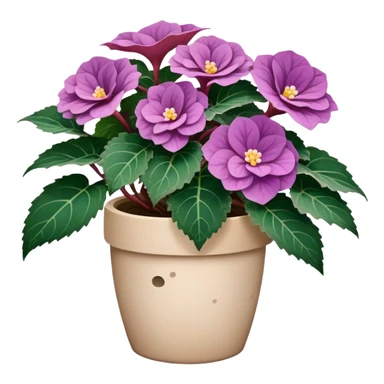 Begonia Rex with dark green leaves, purple edges, white spots in the middle, and prominent spiral centers where leaves grow from, in a beige pot sticker