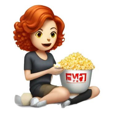 A redhead lady eating popcorn sitting down watching a robot vacuum  sticker