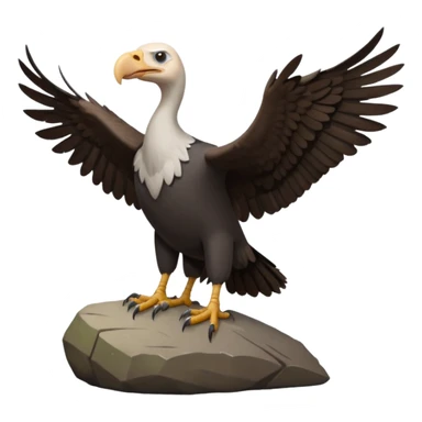 a vulture — large bird with dark brown feathers, bald WHİTE head, curved beak and sharp eyes — standing proudly on a rock — wings slightly open — realistic yet cute cartoon emoji look, clean lighting, soft shadows. sticker