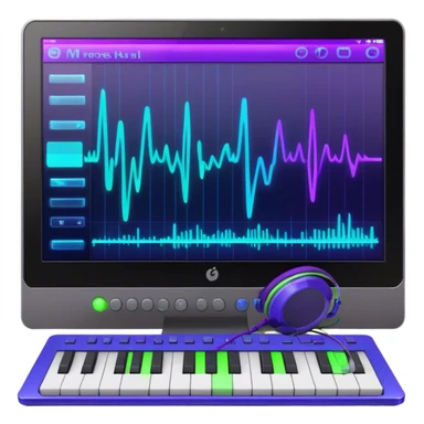 Create a creative and inspiring emoji that represents writing music tracks. The design should feature musical notes, a pen or pencil, and a digital audio workstation (DAW) interface or a computer screen with a visible waveform, symbolizing the process of composing and arranging a track. Add elements like a metronome or a pair of headphones to reflect the recording and editing aspects. Use vibrant colors like electric blue, purple, or neon green to represent creativity and innovation in music production. The background should be transparent. sticker