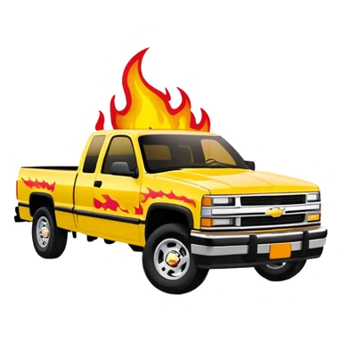1997 Chevrolet Silverado C-2500 in bright yellow with screen-accurate red flame decal printed on the hood, faithful to Kill Bill movie design, 30-degree angle, iOS emoji style sticker
