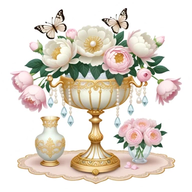 A romantic baroque-style vanity display featuring an intricate golden candelabrum, an embroidered ivory lace fan, and a crystal vase filled with white peonies and pastel pink roses, with pearl butterflies adding a whimsical touch.
 sticker
