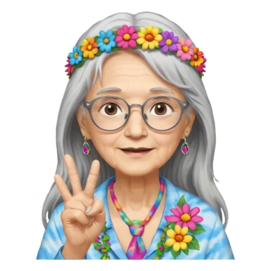 elderly woman with long grey hair, glasses, peace sign necklace, tie-dye clothing, flower crown sticker