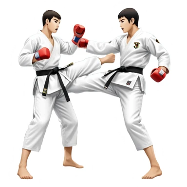 Two taekwondo fighters in traditional white doboks with black belts. One delivers a powerful kick, while the other defends by blocking with his knee. The background shows a professional arena with bright lights and an excited crowd. Transparent background highlights the intense action sticker