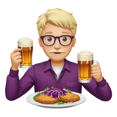Man with wire framed glasses german eating schnitzel, red cabbage, sauerkraut, potato salad, and beer. Man is blonde and no mustache sticker