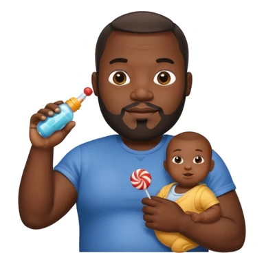 Big black man hold a  baby bottle and a lollipop sticker