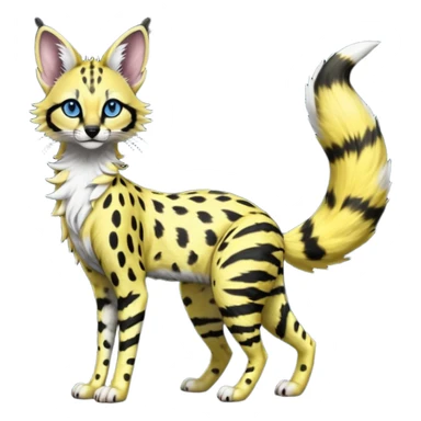 Edgy cool beautiful elegant spotted hype-realistic, black-maned, vibrant yellow Genet-Serval-Sergal-Margay-Fox-fusion-hybrid-furry-fursona, full body, with a long puffy fluffy black-and-white-striped tail, black long big ears, with natural blue eyes sticker
